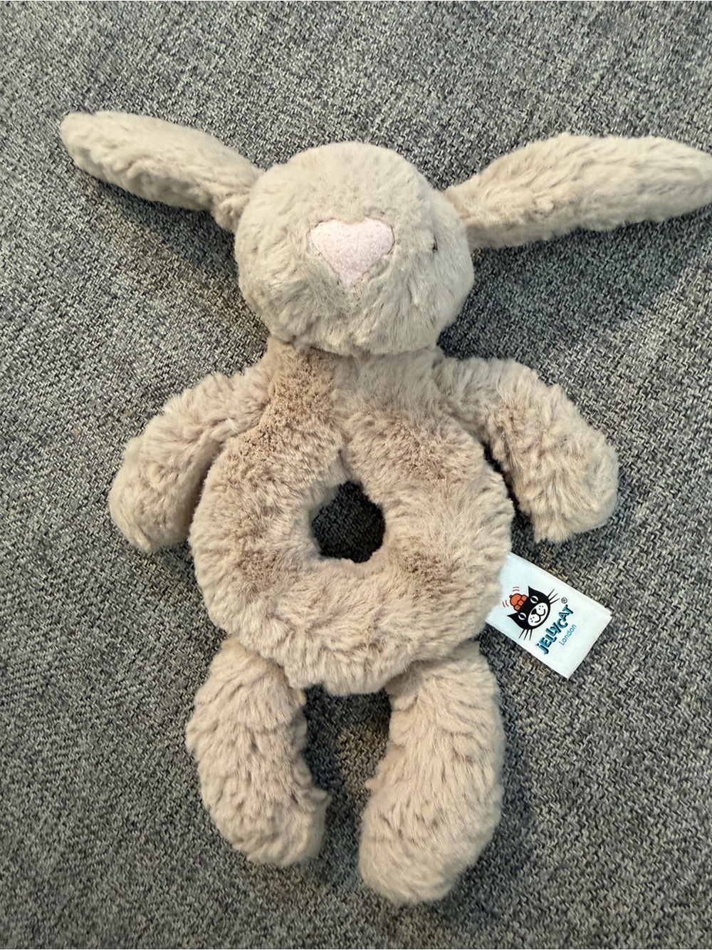 Jellycat Gray/Beige Soft Plush Bunny Ring Rattle 7” It has one eye.